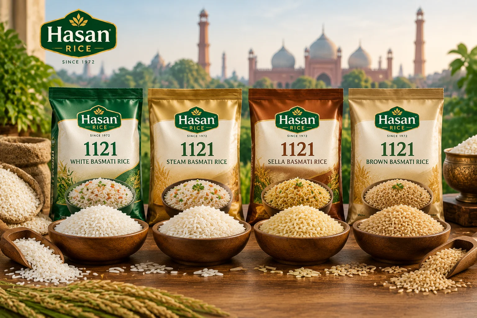 Hasan Rice 1121 Basmati Rice varieties with premium rice bags and bowls displaying White, Steam, Sella, and Brown Basmati rice grains.