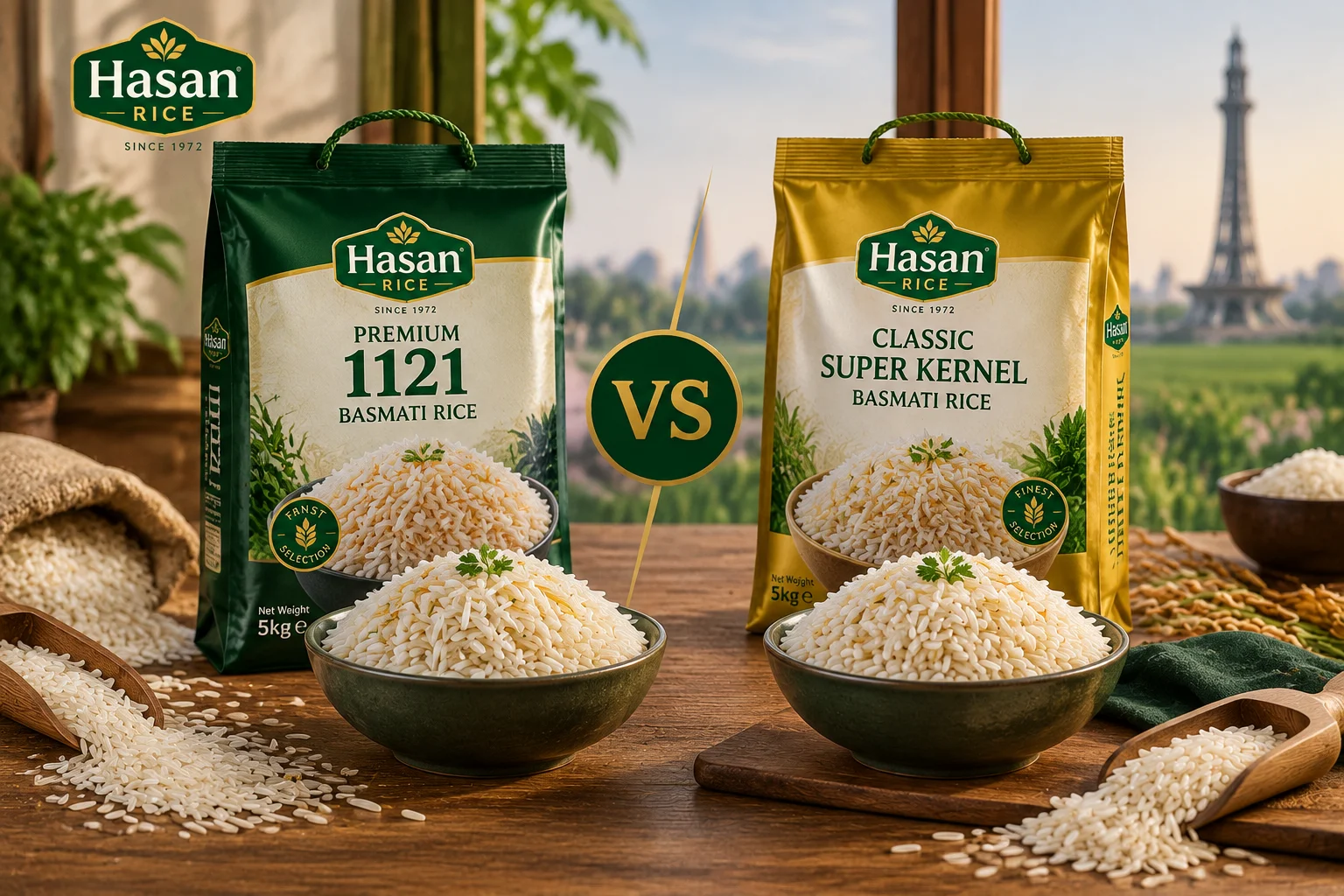 Hasan Rice 1121 vs Super Kernel Basmati Rice comparison with premium rice bags, bowls of cooked basmati rice, and VS symbol on a wooden table background.