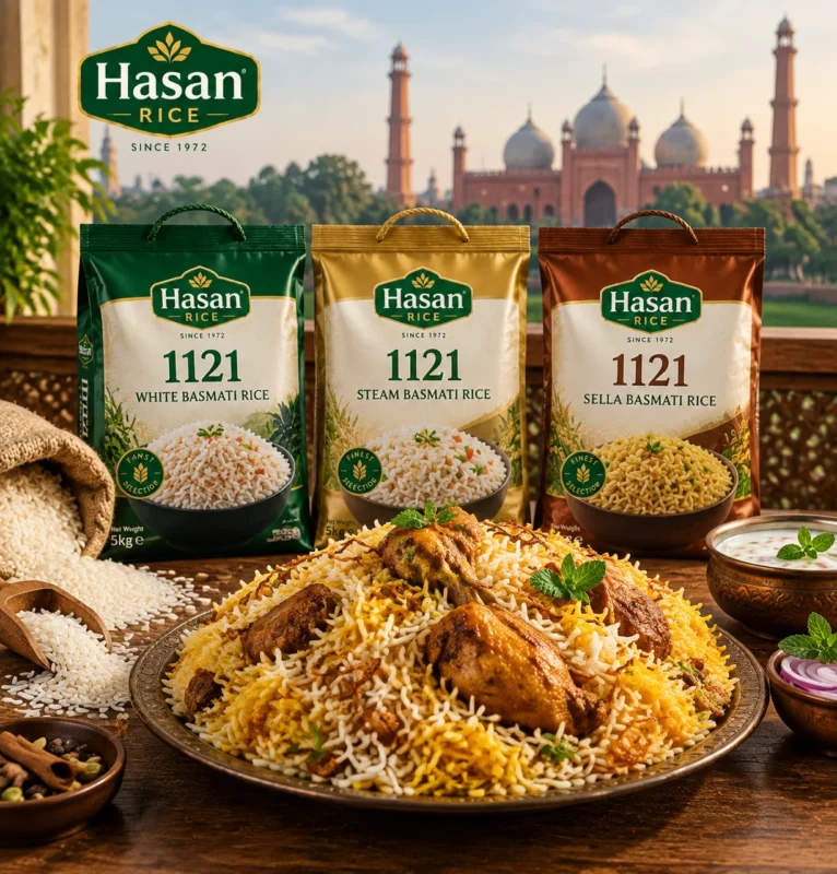 Hasan Rice 1121 Basmati Rice packs displayed with a traditional biryani dish, highlighting premium Pakistani rice varieties and quality grain packaging.