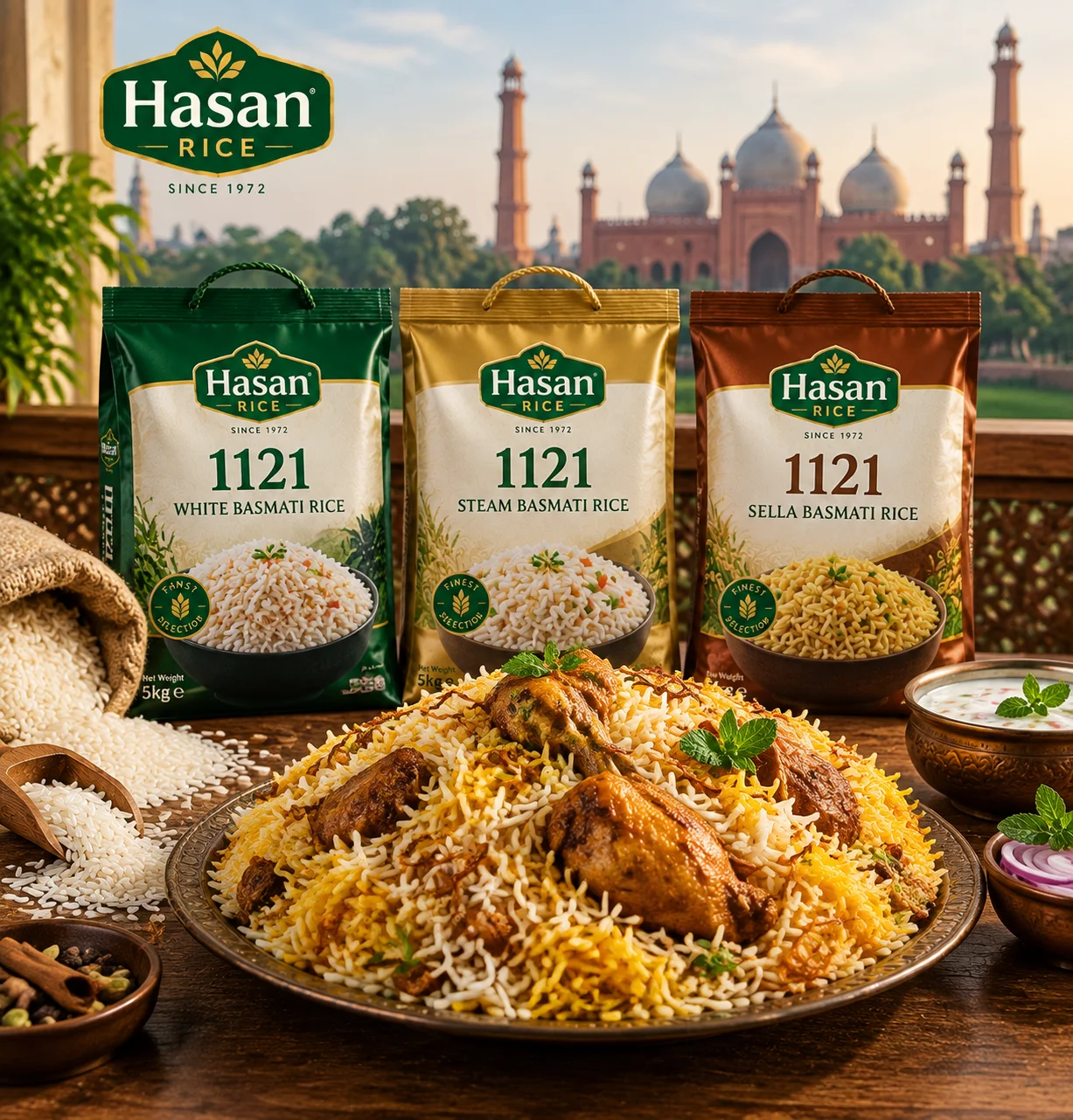 Hasan Rice 1121 Basmati Rice packs displayed with a traditional biryani dish, highlighting premium Pakistani rice varieties and quality grain packaging.