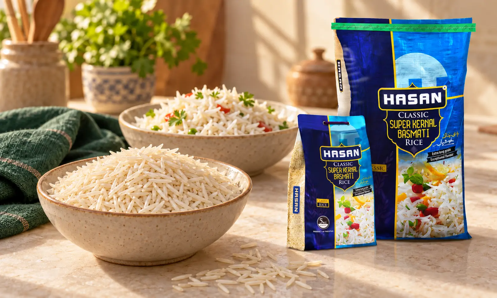 Two Hasan Classic Super Kernal Basmati Rice packs beside bowls of uncooked grains and cooked rice.