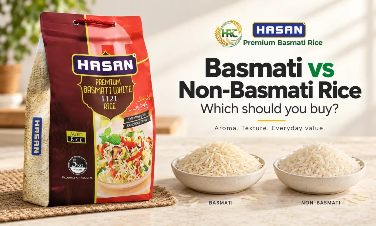 Hasan Rice pack beside bowls of basmati and non-basmati rice.