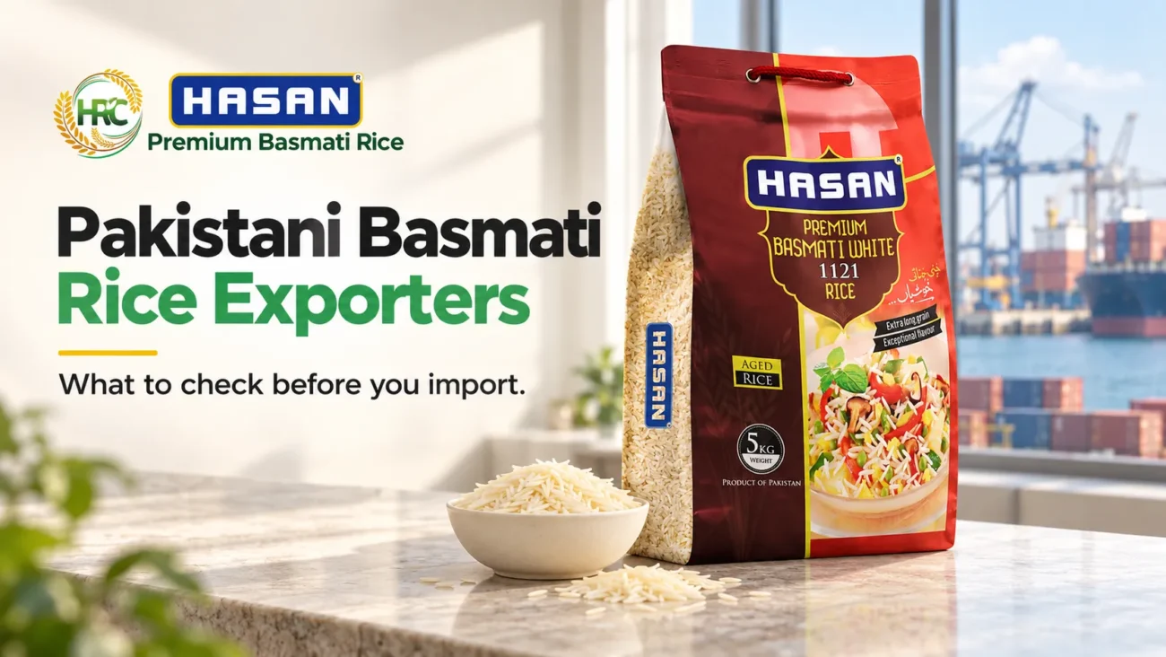 Hasan basmati rice pack and bowl with a shipping port in the background.