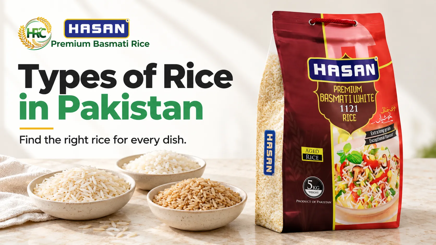 Hasan Rice pack beside bowls of white and brown rice.