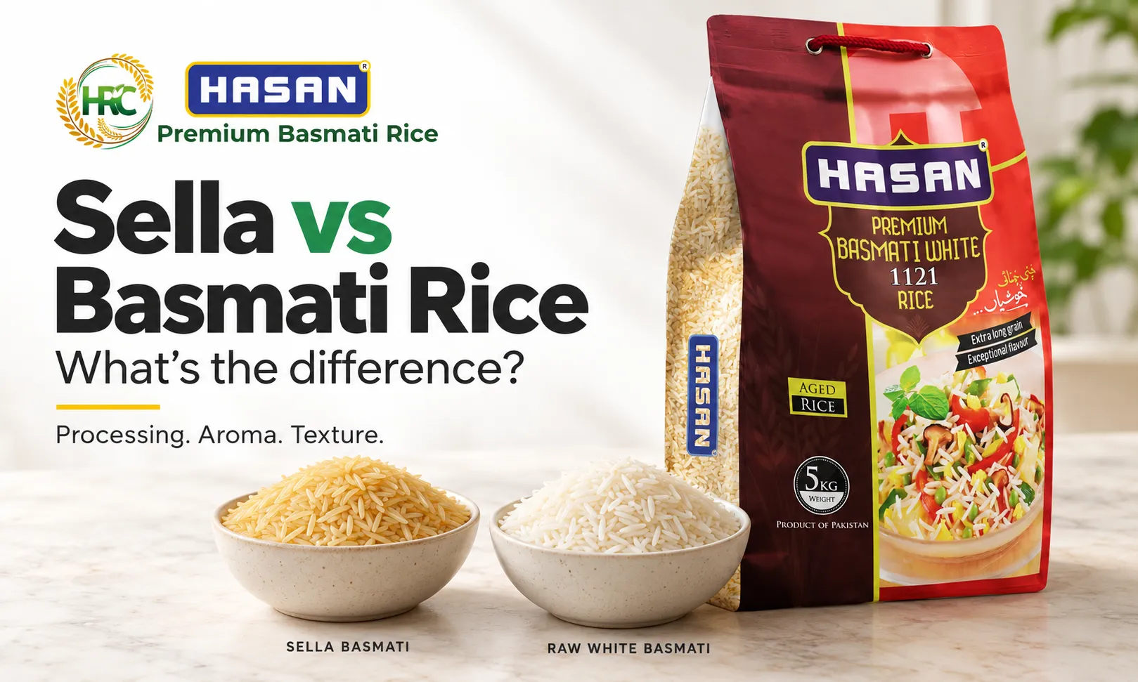 Hasan Rice pack beside bowls of sella and raw white basmati rice.